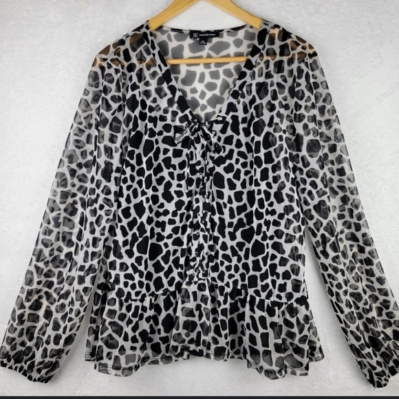 INC Animal Print Lace Up blouse semi sheer ruffle hem long sleeves Sz XS top - Picture 11 of 11